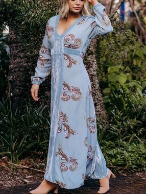 Violet Fish Evie Velvet And Paisley Maxi Dress In Aegean Blue Size 8